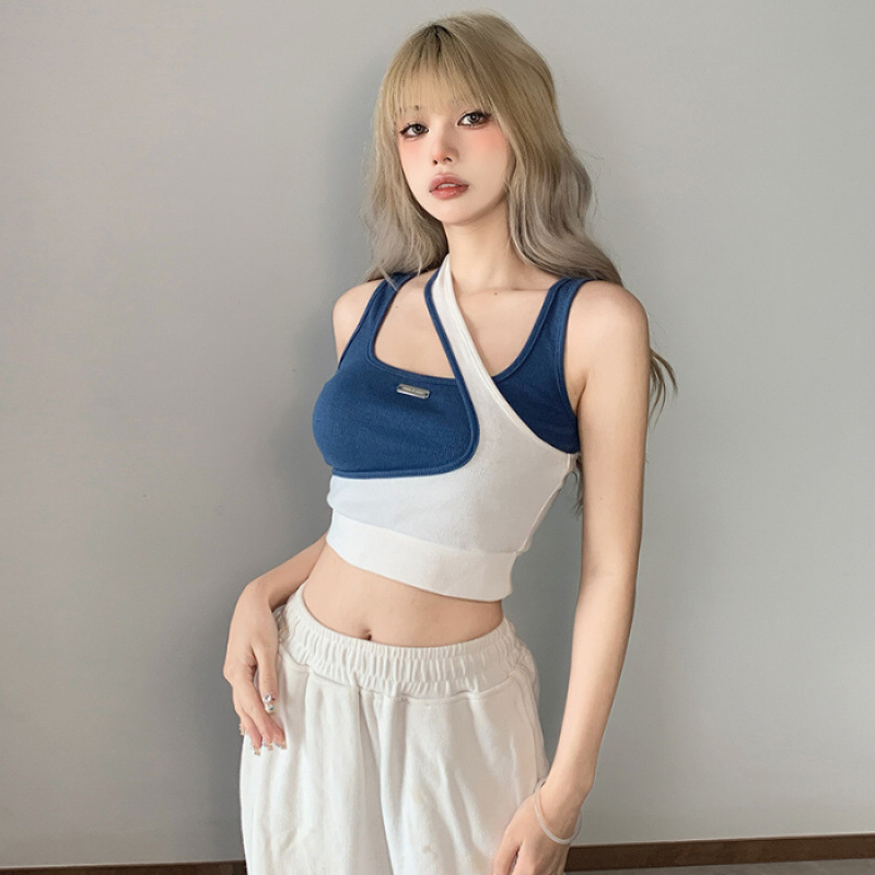 ギャルのベストの女性団風のジャズダンスの修身の短いタイプの臍を露出して踊る上着は色の偽の2つの不規則な外着にぶつかります。|undefined