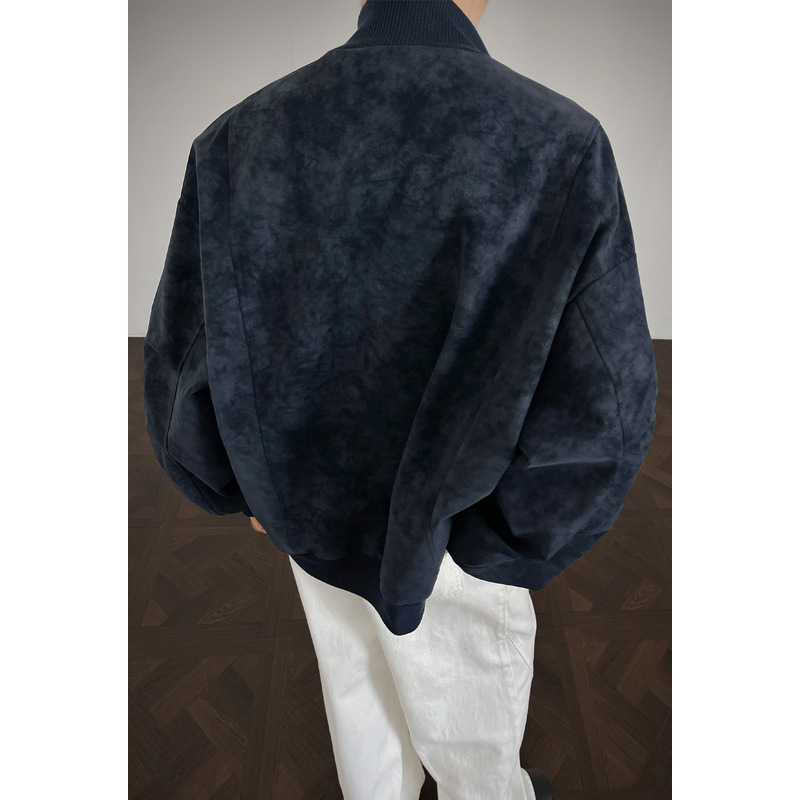 Giacca da baseball da lavoro con colletto alto, stile retrò americano, in pelle PU grigia tie-dye per uomo_voghion.com