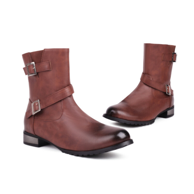 Square buckle belt buckle round toe chunky low heel women's boots Simple retro knight boots_voghion.com