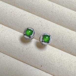 Natural Dangerous Material Emerald Round Earrings S925 Sterling Silver Inlaid Retro Simple Natural All-match Earrings Antique Earrings