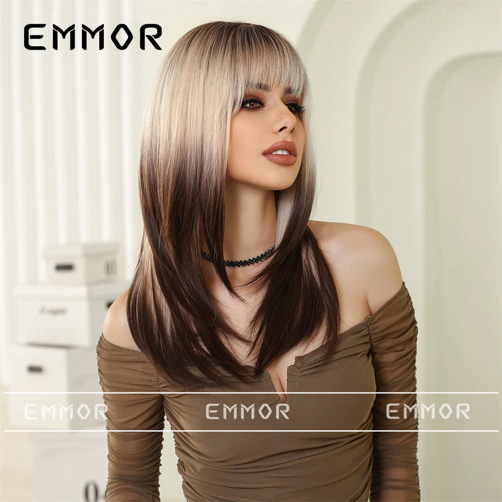 Suministro transfronterizo de nuevos productos Qi flequillo dorado degradado marrón en capas micro-rizado peluca europea y americana tipo de cabello completo