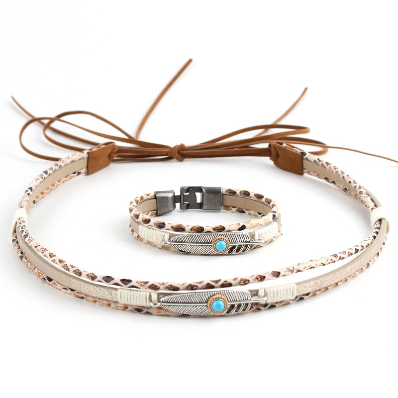 Original fashion simple PU leather matching alloy feather decorative hat decoration + bracelet suit wholesale DIY Straw hat scarf