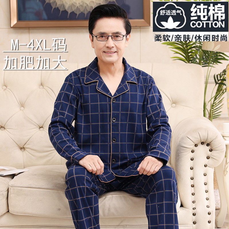 Middle-aged Men's Cotton Pajamas Long-sleeved Spring and Autumn Middle-aged and Elderly Dad Plus Size Autumn and Winter Home Clothes suit