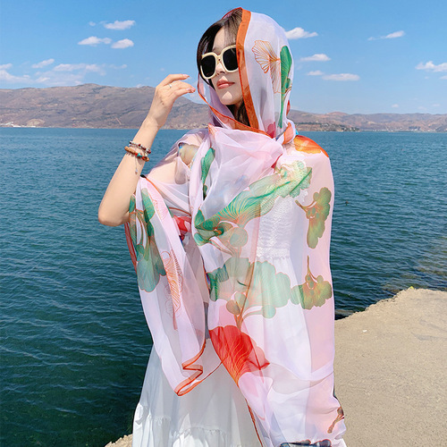 Silk scarf for women spring and summer new versatile fashion scarf long thin shawl foreign style gauze scarf ethnic style photo sun protection