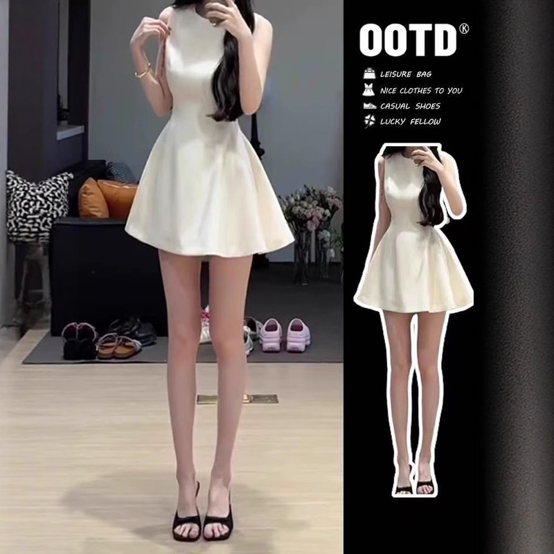 Apricot-Colored High-End Sleeveless Short Dress, Summer Thin Style, Hepburn-Inspired Elegant Pure Color Dress, Main Character Dress Apricot-Colored High-End Sleeveless Short Dress, Summer Thin Style, Hepburn-Inspired Elegant Pure Color Dress, Main Character Dress
