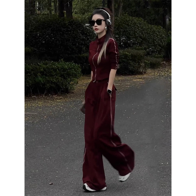 American Red Casual Sports Suit for Women Spring and Autumn New Versatile Stand-Up Collar Short Jacket Wide-Leg Trousers Two-Piece Set