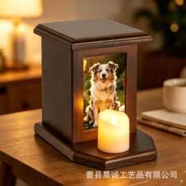 跨境木质宠物骨灰盒带相框宠物殡葬棺材带烛台猫咪狗狗纪念骨灰盒