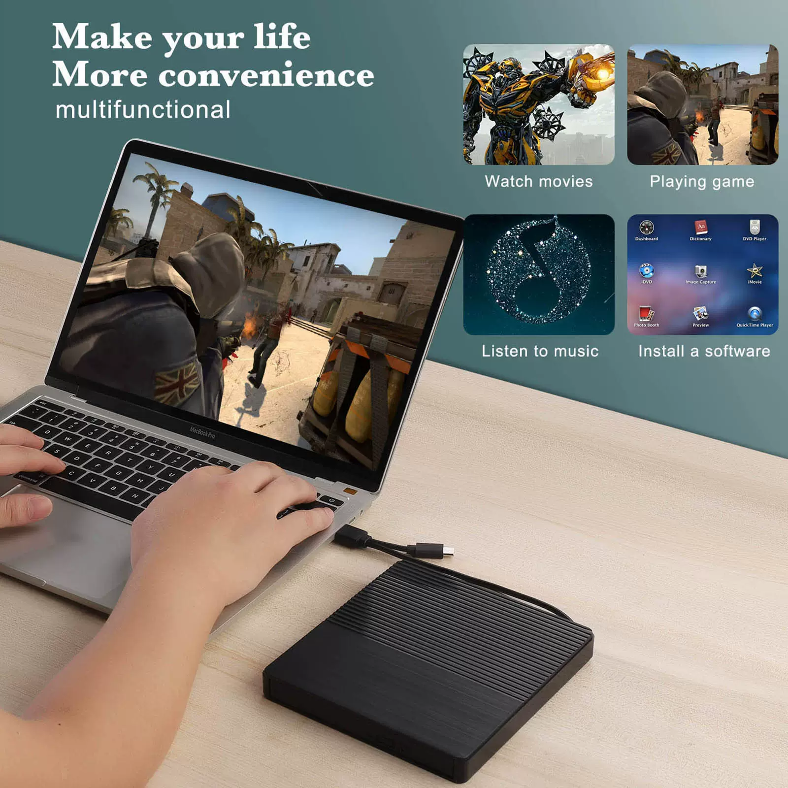 usb+c移动dvd刻录机五合一多功能外置光驱带扩展读卡外接电脑光驱