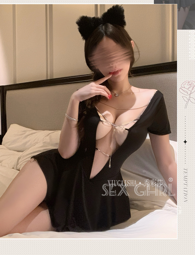 Deep V-Neck Babydoll Dress with Hollow-Out Design, Two-Way Wear, Black with Open-Crotch Stockings — detail image 6