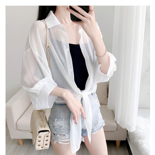 Chiffon air-conditioning shirt, transparent top, sheer sun-protection garment for women—outdoor summer wrap with tie-up design, short and casual sunscreen blouse