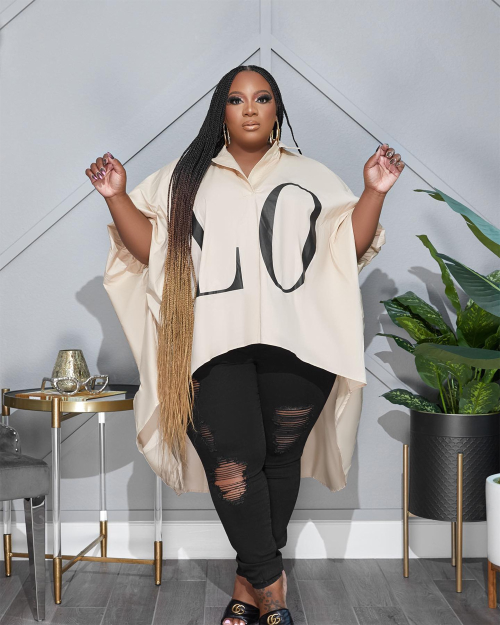 Streetwear Letter 4-way Stretch Fabric Spandex Asymmetrical Printing Blouse display picture 2