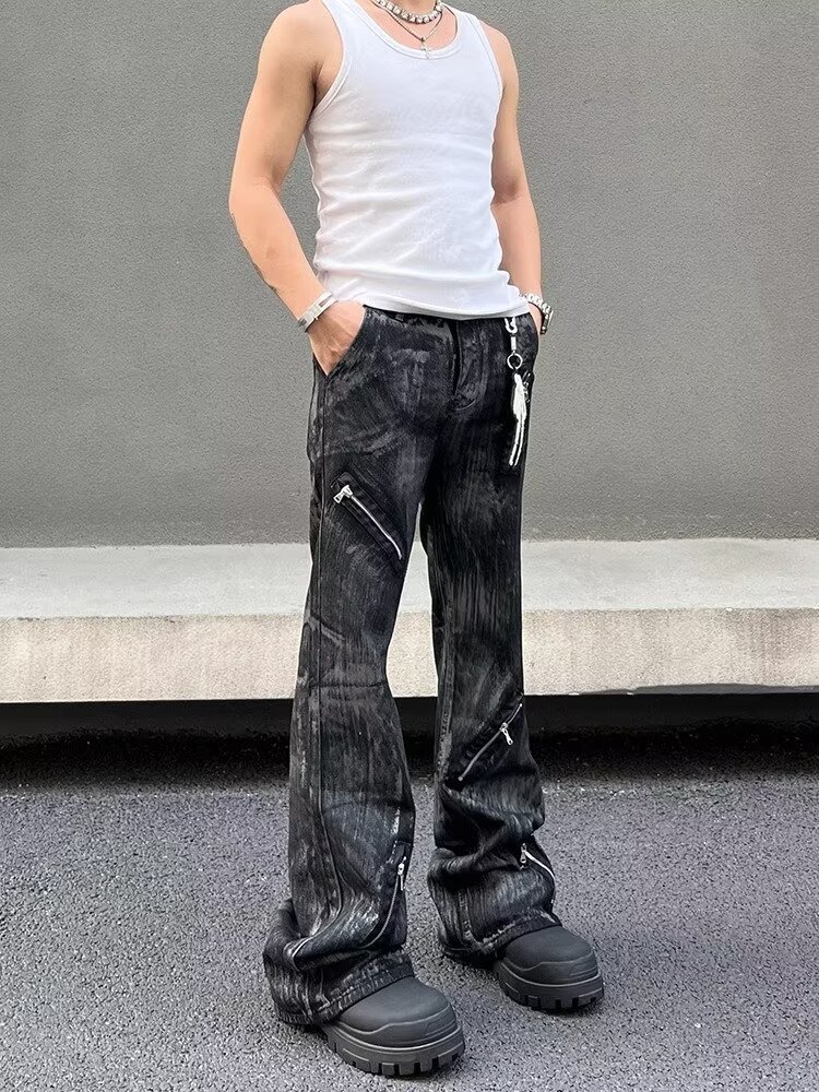 Men's Retro Distressed Flared Jeans High Street Style Loose Fit Zipper Design Cool And Edgy Long Pants_mkmklike.com