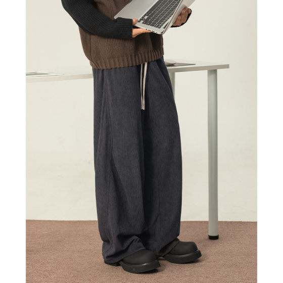 Irregular Pleated Design Corduroy Casual Pants Men's Autumn and Winter New Retro Loose Texture Draped Straight Pants