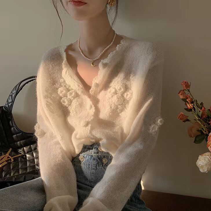 白色马海毛立体钩花针织开衫女春秋减龄2023百搭软毛衣薄款冰丝|undefined