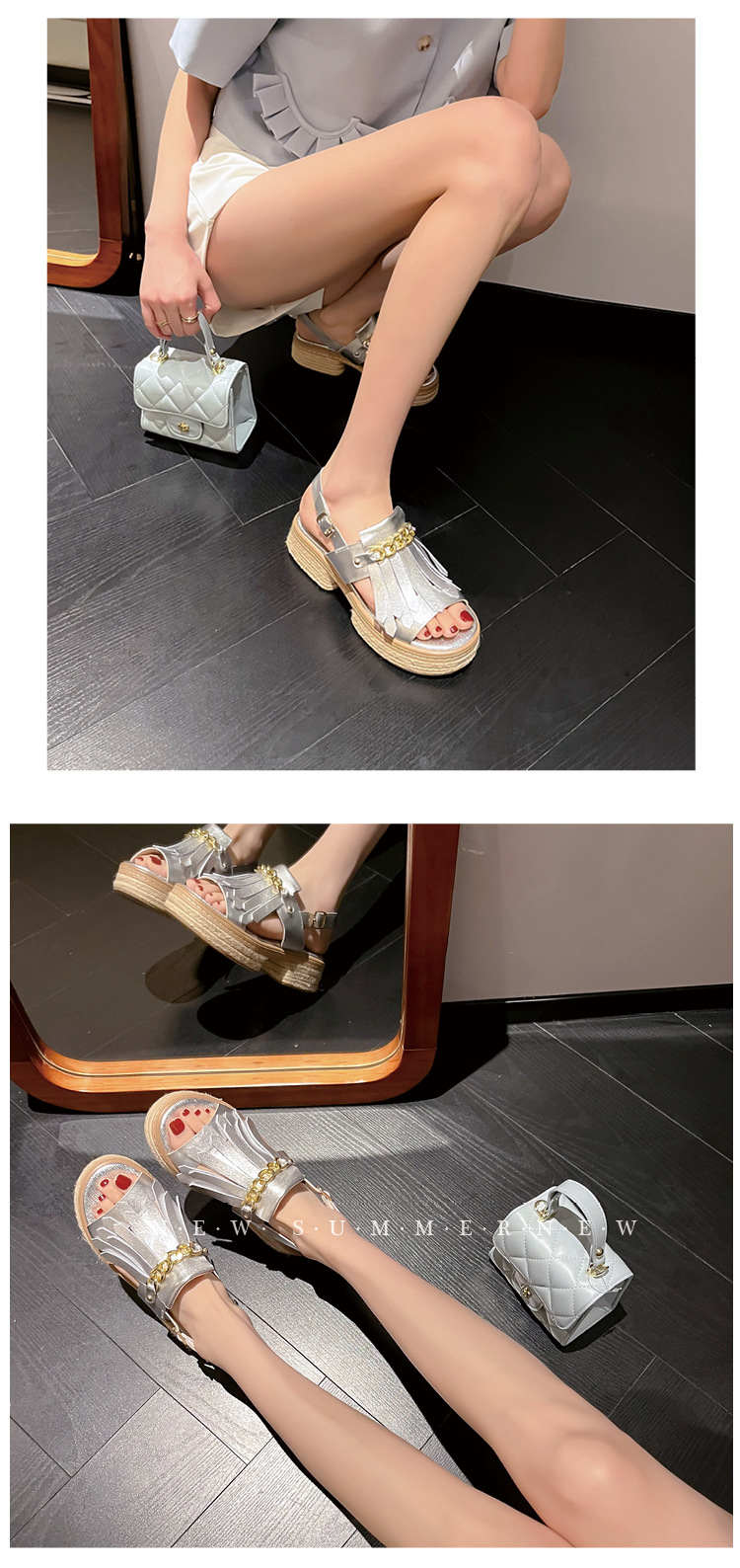 Sandal nữ đế thấp mũi hở quai tua rua đế cói phối dây xích kim loại — màu trắng, bạc chi tiết 15