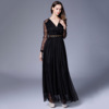 Long elegant black lace shiffon evening dress, suitable for import, V-neckline, long sleeve