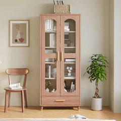 Nordic Basswood Solid Wood Bookcase Modern Minimalist Study Storage Shelf with Glass Accordion Drawers Double Door Bookshelf