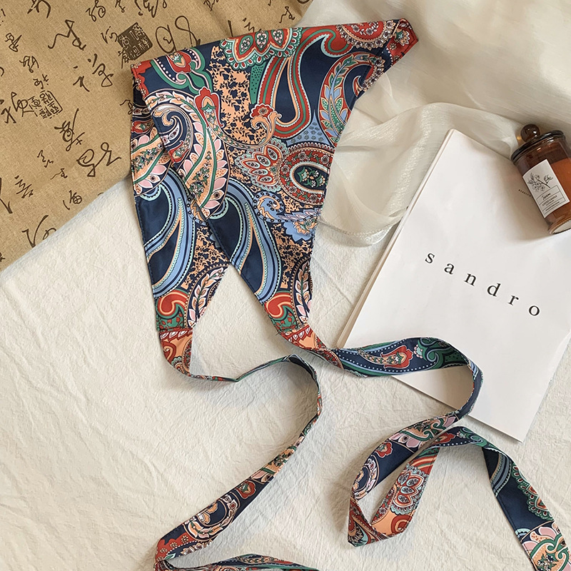 Toalla triangular, sello de cintura de verano, cintura, cortina de pedos, flor de anacardo, bufanda de seda de alta calidad, pañuelo en la cabeza, cinta para el cabello, fábrica de procesamiento personalizada