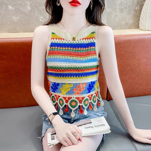 Knit Laced Striped Fringe Strap Backless Top for Women Summer Sleeveless Outerwear Kanjian Ethnic Style Top