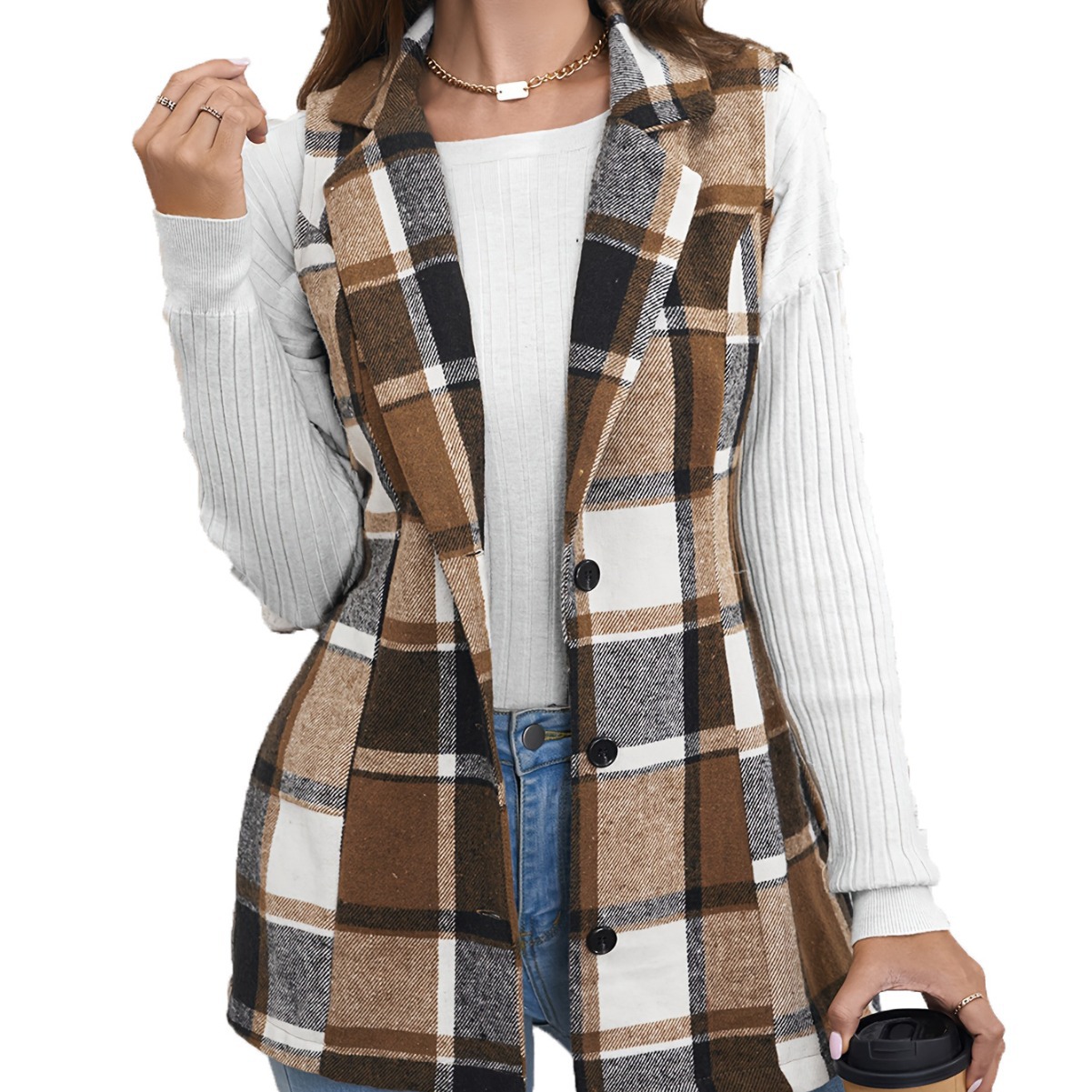 Amazon primavera, otoño e invierno transfronteriza Top de las mujeres de moda europea y americana traje de solapa de las mujeres chaleco abrigo a cuadros
