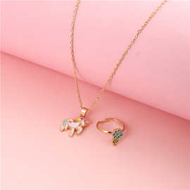 跨境彩虹马项链戒指套装卡通儿童项链戒指独角兽合金滴油项链