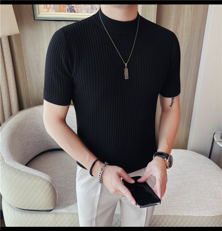 Herren Schwarz Hochgeschlossener Kurzarm Strickpullover Slim Fit_voghion.com