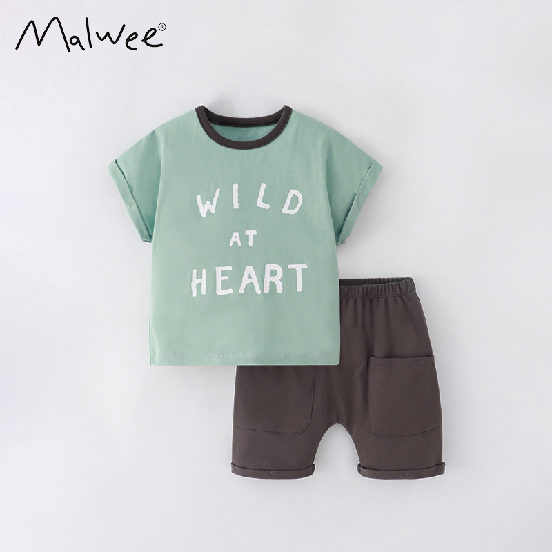 Malwee niños traje de verano nuevos niños europeos y americanos de cuello redondo impreso de manga corta pantalones elásticos de dos piezas conjunto