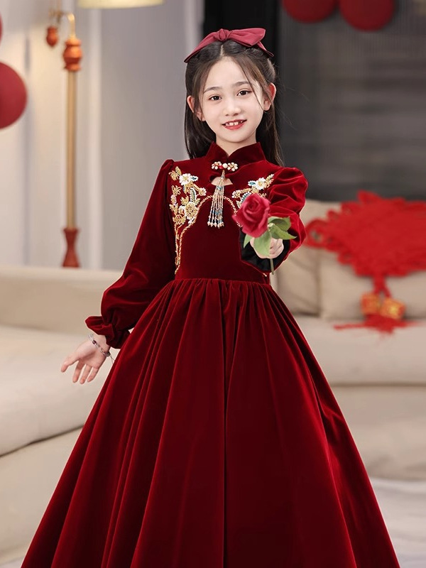 Otoño y invierno vestido rojo de Año Nuevo vestido de niña vestido de princesa vestido de niños anfitriones de alto nivel piano vestido