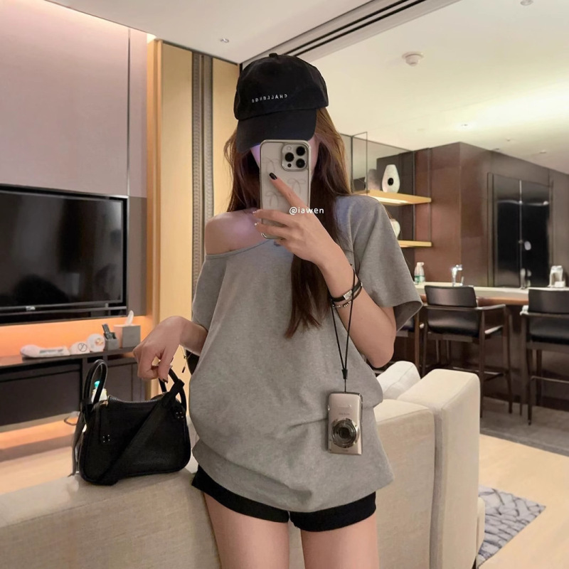 Oblique Collar Shoulder Short-sleeved T-shirt Women's Design Sense Grey Summer New Loose Slimming Temperament Half-sleeved T-shirt Top