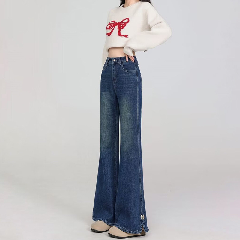 2507 Personality High Street Slit Micro-Flared Jeans Women's Spring and Autumn New High Waist Slim Korean Style Fashion Jeans