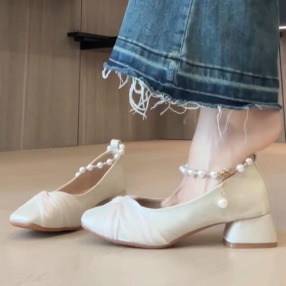 2024 Spring and Summer Elegant Pearl French Engagement Shoes Cheongsam Women's Shoes with Skirt Thick Heel Square Toe Shallow Mouth Single Shoes