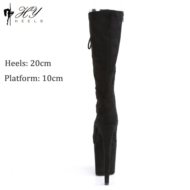 Giày boot nữ cổ cao da lộn, mũi miệng cá, gót cao chống thấm nước, cổ 20cm — Đỏ rượu, Màu đen, Màu hồng