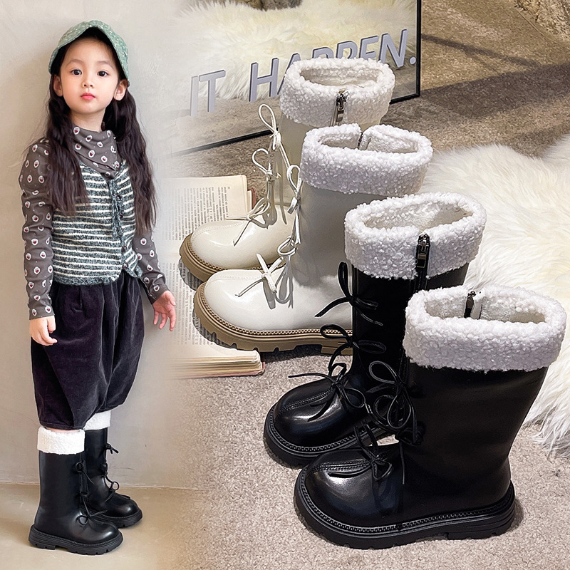 Girls' Long Boots with Plush Lining, Thickened 2025 Autumn and Winter New Style, Fashionable Mid-Length Children's Boots, Princess Leather Boots with Cuffs