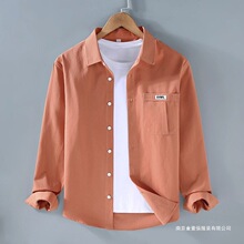 新款时尚百搭外套翻领男士男寸衫简约纯色工装衬衣新款长袖衬衫春