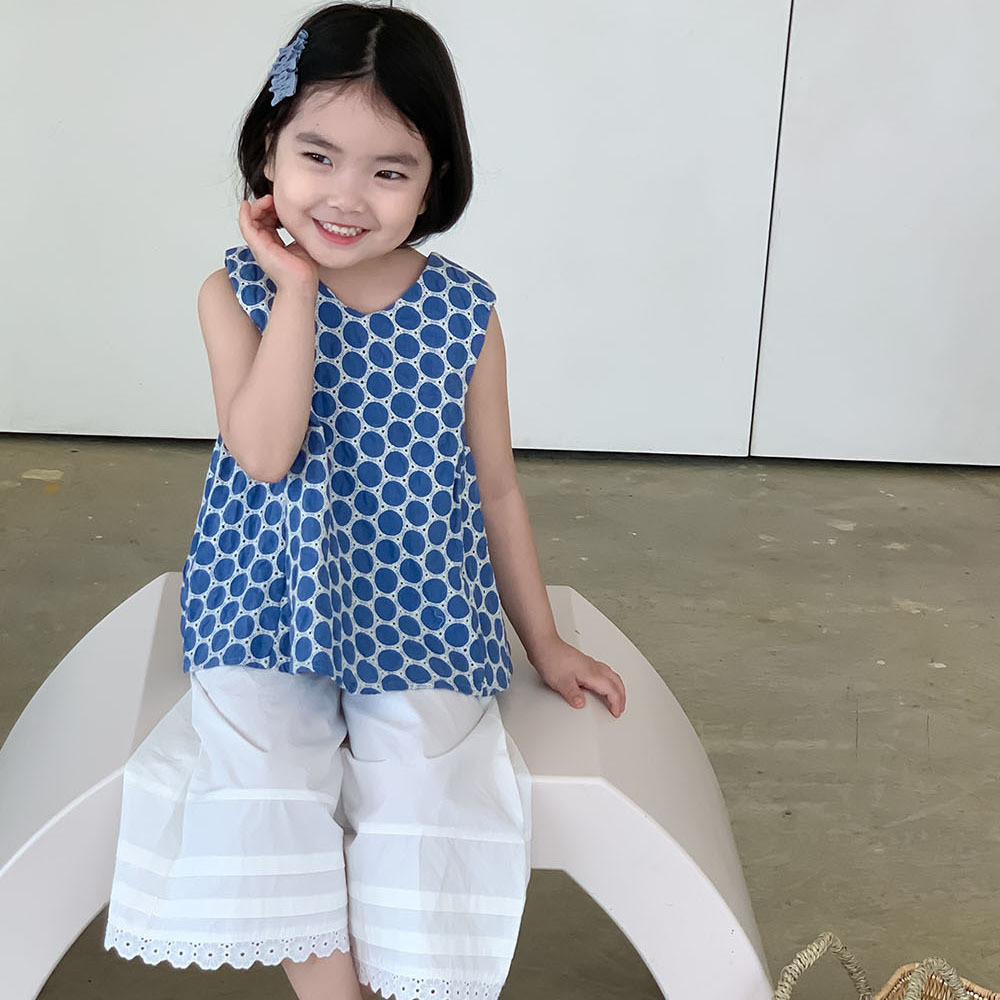 韓國童裝2024夏季女童新款提花無袖上衣透氣女寶寶無袖娃娃衫080