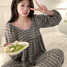 温柔v领蝴蝶结花边睡衣春秋新款韩系甜美爱心长袖少女家居服套装