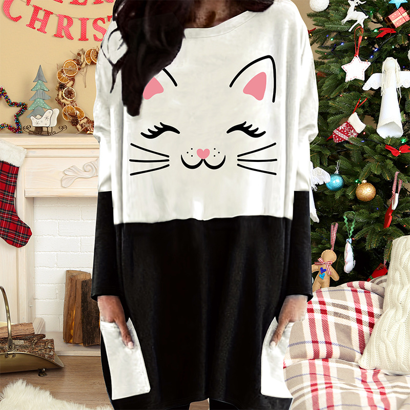 Women's long top black white bottom, cat print with pocket pullover, women's hoodie and pajama_voghion.com
