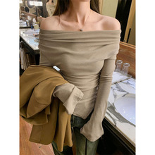 2025抖音爆款设计感小众褶皱不规则荡领长袖t恤修身打底衫上衣女