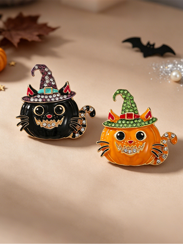 Original Halloween Creative Enamel Brooch with Witch Hat, Pumpkin, and Cat Designs for Atmospheric Decoration