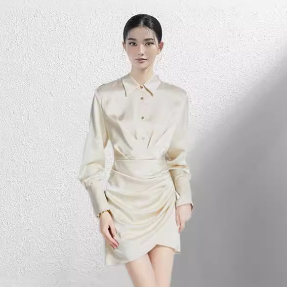 Vietnam Niche 2025 Early Autumn New Long-Sleeved Waist Slim Shirt Dress Women's Satin Commuter Dress 1814 Vietnam Niche 2025 Early Autumn New Long-Sleeved Waist Slim Shirt Dress Women's Satin Commuter Dress 1814