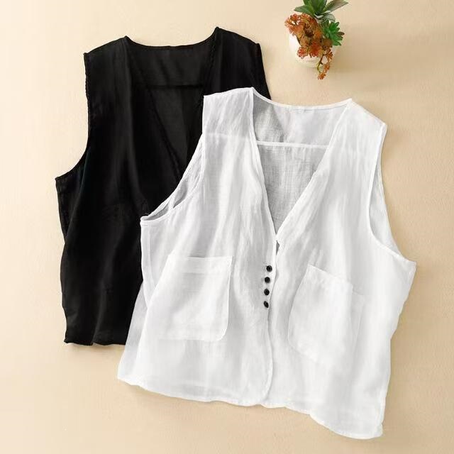 Cotton and Linen Vest for Women, Summer Lightweight Outerwear, Loose V-Neck, Single-Breasted, Sleeveless, Linen Vest Top