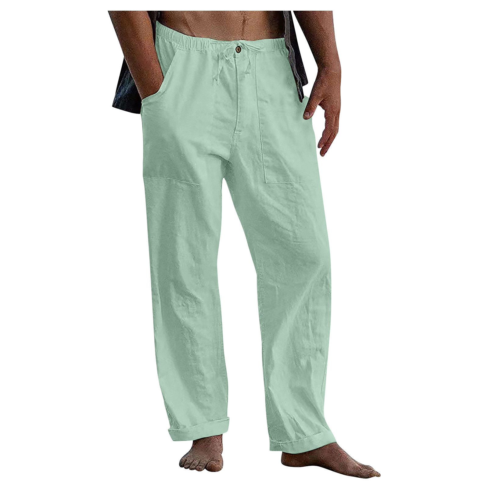 Pantalon en lin pour hommes, Yoga, plage, décontracté, taille élastique, cordon de serrage, poche de ceinture ample, été, 2024_voghion.com