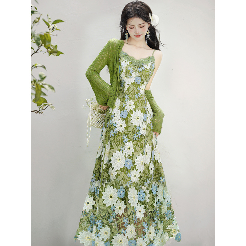 Greenfield Heavy Industry Green Water-Soluble Lace V-Neck Strap Dress Slim Fit Long Dress & Sun Protection Cardigan