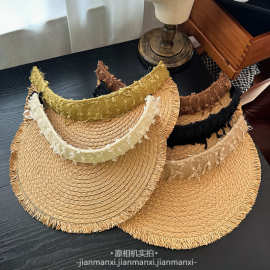 空顶草帽女破洞毛边海边沙滩防晒凉帽夏季宽檐防晒太阳帽遮阳帽子