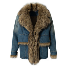 复古拼接牛仔羊羔毛外套男女冬季2025新款设计感加厚毛领棉衣棉服