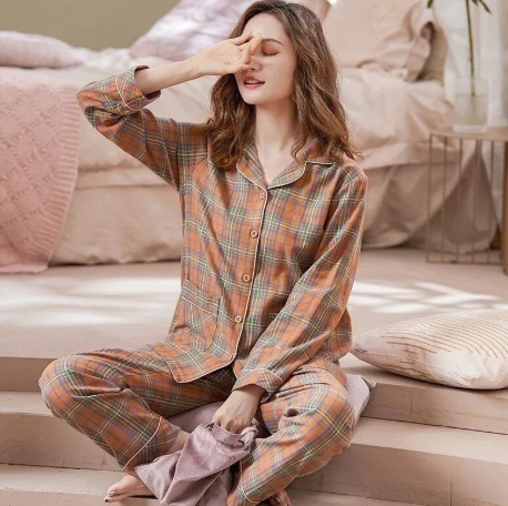 Pijamas para mujeres Primavera y otoño nuevo traje % algodón solapa de manga larga ropa al aire libre para estudiantes Otoño e Invierno ropa para el hogar