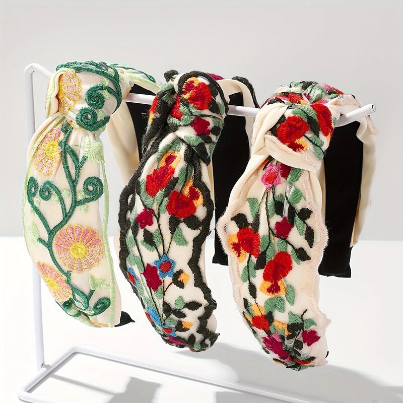 Cross-Border Versatile Ethnic Style Embroidered Flower Headband Lace Headband Mesh Knotted High Cranial Pressure Hair Accessories Headdress