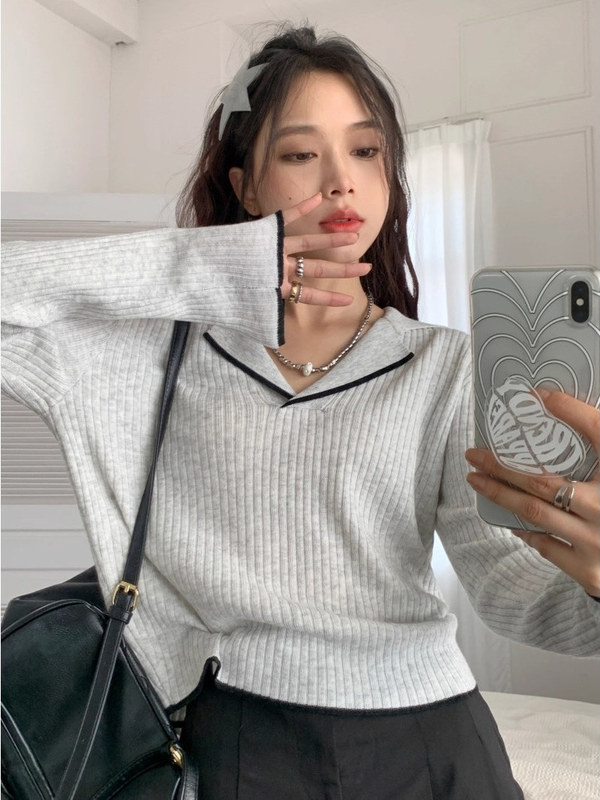 V领长袖毛衣女设计感小众秋冬季套头翻领修身内搭打底针织衫上衣|undefined