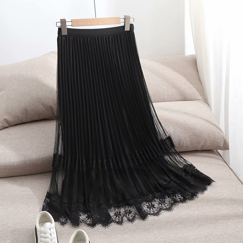 lace stitching high waist pleated skirt  NSAM47476