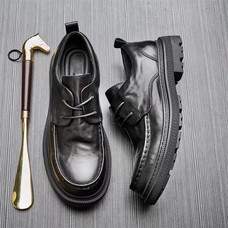 Мужские повседневные кожаные туфли на экспорт, натуральная кожа, дышащие, на толстой подошве, новый осенний стиль, молодежные деловые туфли из воловьей кожи на шнуровке с круглым носком, модные.